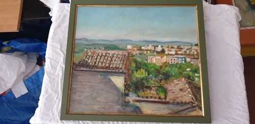 Vecchio quadro case tetti con - vecchio,