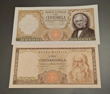 50000 LIRE LEONARDO 1972 R2 + 100000 LIRE MANZONI 1970 R3 SUP COME DA PERIZIE 