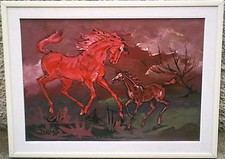 TEO RUSSO - CAVALLA E PULEDRO - VECCHIO, GRANDE QUADRO DIPINTO OLIO