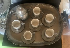 Servizio Da Caffè Peltro Porcellana Vassoio Zuccheriera per 6