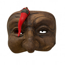 Maschera Pulcinella con Micro Corno in Terracotta 7x5 cm Regalo Portafortuna