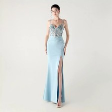 Vestito Azzurro Cielo Con Ricami 3D Lungo Elegante Per Eventi CF50202