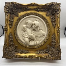 Antico Cherubini Enrico Braga in marmo fuso a rilievo con cornice dorata Gesso 12" x 12"