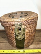 Antico cestino pranzo da picnic vintage fatto a mano tessuto asiatico foderato ottone RARO!