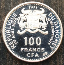 Dahomey 100 Francs 1971, Hallmark "1000" lower right of "FRANCS" - Silver PROOF