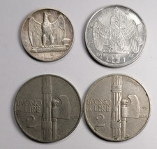 Monete Vittorio Em II: buono lire 2 1923-1924, 5 lire argento 1927, 1 lira 1942
