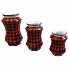 Set di tre pezzi unici vasi Albarello in terracotta siciliana dipinti a mano