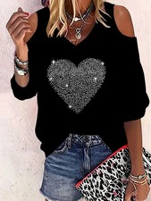 Maglietta Elegante con Scollo a V e Design Cuore Grande, Top Donna Spalla Scoper