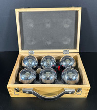VTG PETANQUE Boule BOCCE Ball Set 6 Polished Chrome Balls Wood Box Accessories