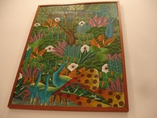 Quadro acrilico su tela Lesly Pierre 75x100 Pavoni e bosco vedi foto SPL