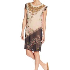 Desigual Elo Sheer Floral Chiffon Flapper Bejeweled Neckline Midi Knee Dress - S