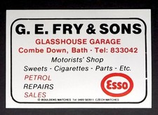 Matchbox label Esso Fry & Sons Glasshouse Garage Combe Down Bath MG279