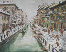 Giuseppe VIOLA (Milano 1933-2010) NAVIGLIO PAVESE grande Olio su tela cm 80x100