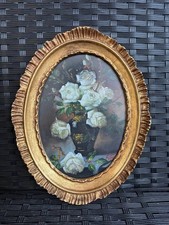 ANTICO DIPINTO OVALE DI NATURA MORTA FLOREALE - ROSE BIANCHE - '900