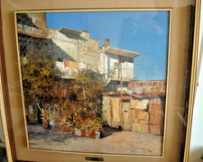 Splendido Dipinto A Olio D'Autore Claudio Morgigno Cornice Cortile Fiorito 1978