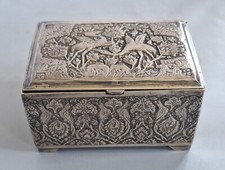 Antica scatola portagioie persiana argento sterling 84 incisa a mano uccelli peonie gru