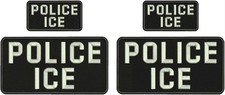 POLICE I C E EMBROIDERY PATCH 10X5  AND 5X2.5'' HOOK ON BACK SILVER ON BLACK