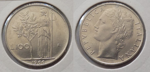100 lire 1966 - 100, minerva