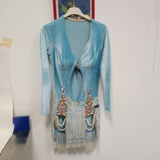 Abito da ballo latino americano, intero celeste tg S con perline e nappa