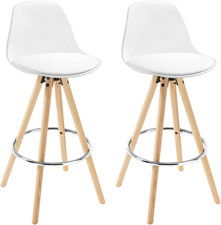 Sgabelli Da Bar Sedia Cucina in PU Gambe Legno Schienale Di Plastica, Bianco 2 P