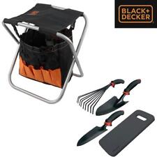 Black + Decker Sgabello da Giardinaggio Pieghevole con Portaoggetti / Set di 4 Attrezzi da Giardino SET