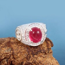 Riscaldato Rubino Gemma Con 14k Placcato Oro Bianco Anello Argento per Uomo #