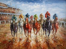 QUADRO MODERNO DIPINTO A MANO OLIO SU TELA SPATOLATO CORSA DI CAVALLI 