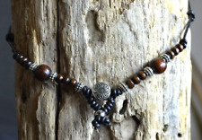 Collana da Uomo Surfista Girocollo in Pelle Caucciu sfere Legno Argento Indiano