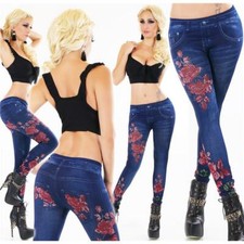 Donna Leggins Termici Jeggings Con Stampa a Fiori Blu Scuro 34/36/38 #H2216