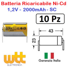 10pz BATTERIA RICARICABILE NI-CD SC 1,2V 2000mAh 22x42mm A SALDARE NICD LAMELLE