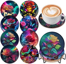 8 Pezzi Sottobicchieri Diamanti per Pittura con Supporto - Fai da Te 5D Vetro Rosa Art Kit per Adu