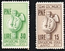 marche da bollo regno d'italia 1938 educazione fisica anno XVI lire 15 30 nuove