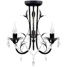 Lampadario Art Nouveau Nero Metallo Perline Cristallo e Lampadine E14