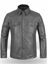 Camicia uomo morbida pelle di agnello slim fit maniche lunghe bottoni biker g...