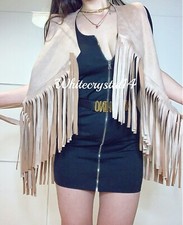 GILET DONNA FRANGE CARDIGAN BEIGE NUDE TAGLIA UNICA