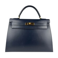 Borsa a tracolla originale HERMES Kelly 32 borsa a mano blu indaco scatola pe...