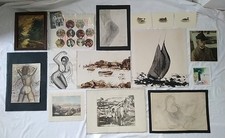 Lotto 15 Disegni Su Cartoncino O Stoffa E Stampe Soggetti Vari Tecniche Varie