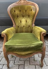 Poltrona Vintage Legno Intagliato Tessuto Verde