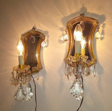 COPPIA APPLIQUE D'EPOCA MARIA TERESA 1 LUCE MIRROR CRYSTAL PAIR OLD SCONCES 30'