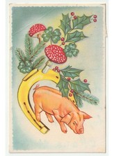 cartolina natalizia vintage decorazioni ferro cavallo maiale funghi agrifoglio