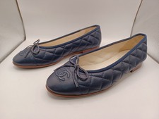 Balletto Chanel usato pelle trapuntata CC fiocco piatto blu donna taglia EU 36,5 US 6