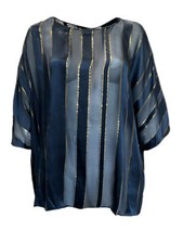Blusa donna Marina Rinaldi blusa blu navy a righe in seta a righe taglia 20W/29 nuova con etichetta