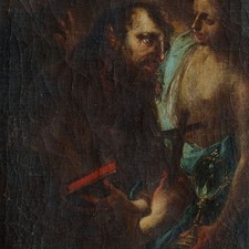 Quadro Angelo Santo con Ostensorio Croce Rosario Libro Olio Tela XVIII Secolo