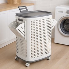 Portabiancheria con Ruote 60L Bianco Cassetti Separatori Anti Odore Coperchio