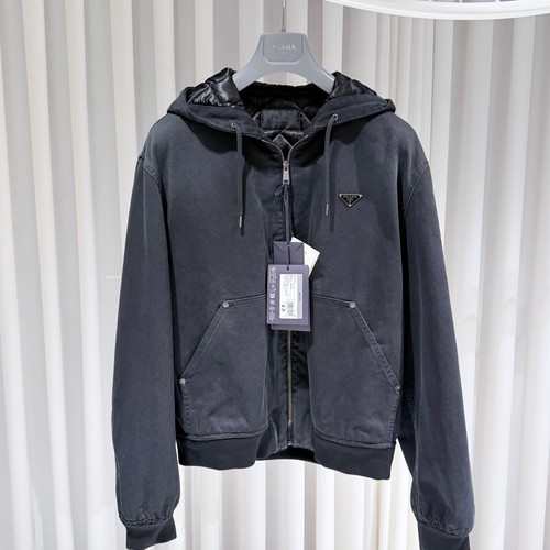 Prada logo denim bomber hoodie - prada,