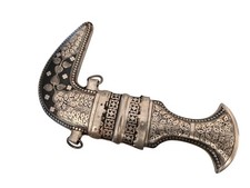 Pugnale persiano arabo Jambiya con lavorazione argento e lama damascata