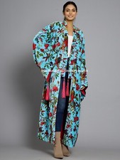 Kimono In Velluto Blu Turchese Con Uccello In Velluto Di Cotone Giacca Lunga