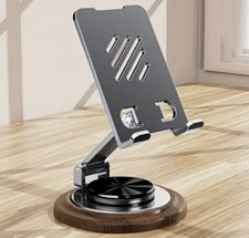 Supporto Angolo di Vista Regolabile Grigio Metallo Telefono Tablet iPad con Base Legno Noce
