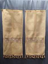 Antiche Tendine Tende Coppia Color Ecru Pizzo Applicato Su Tela Grezza 95x40cm