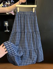 Gonna Lunga Blu A Quadri Vita Alta Elegante Balze Casual Chic Estiva CF52109